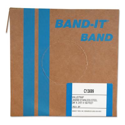 Band-It?? Valustrap Strappings, 3/4 in x 100 ft, 0.015 in Thick, Stainless Steel, C13699