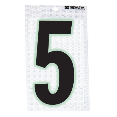 Brady® Glow-In-The-Dark/Ultra Reflective Numbers, 3.5 in x 2.5 in, "5", Black/Silver, 3010-5