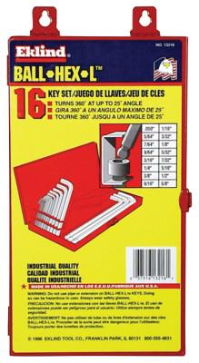 Eklind?? Tool Ball-Hex-L Key Sets, 16 per box, Hex Ball Tip, Inch, 13216
