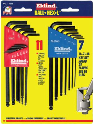 Eklind?? Tool Ball-Hex-L Key Sets, 18 per set, Hex Ball Tip, Inch/Metric, 13218