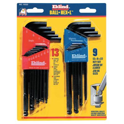 Eklind® Tool Ball-Hex-L Key Set, 22 per set, Hex Ball Tip, Inch/Metric, Black Oxide, 13222