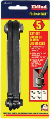 Eklind® Tool Inch Fold-Up Hex Key Sets, 5 per fold-up, Ball Hex Tip, Inch, 20519