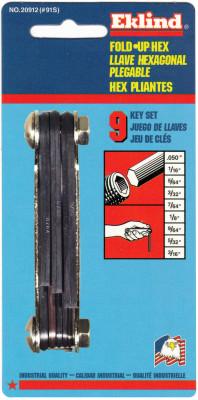 Eklind® Tool Inch Fold-Up Hex Key Sets, 9 per fold-up, Hex Tip, Inch, Short, 20912