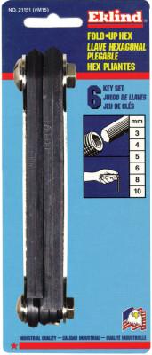 Eklind?? Tool Metric Fold-Up Hex Key Sets, 6 per fold-up, Hex Tip, Metric, 21151