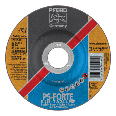 Pferd Depressed Center Wheel, 4 1/2 in Dia, 1/4 Thick, 7/8 Arbor, 24 Grit Alum. Oxide, 61002