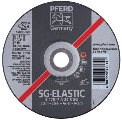 Pferd Depressed Center Grinding Wheel, 5 in Dia, 1/4 in Thick, 7/8 in Arbor, 24 Grit, 61028