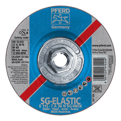 Pferd Premium Performance SG-INOX Wheel, Type 27, 4-1/2 in dia, 1/4 Thick, 5/8 in-11 Arbor, 30 Grit, Aluminum Oxide, 61114