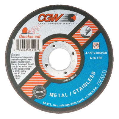 CGW Abrasives Cut-Off Wheel, Type 1, 4 1/2 in Dia, .045 in Thick, 36 Grit Alum. Oxide, 35514