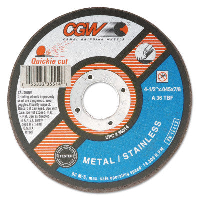 CGW Abrasives Extra Thin Cut-Off Wheel, Type 1, 6 in Dia, .045 in Thick, 36 Grit Alum. Oxide, 35517