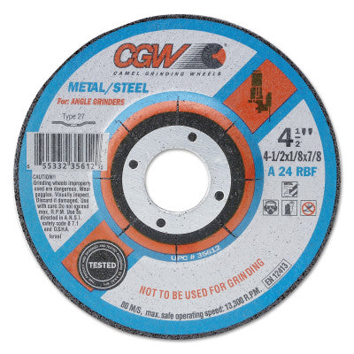 CGW Abrasives Depressed Center Wheel, 4 1/2 in Dia, 1/8 in Thick, 5/8 in Arbor, Aluminum, 35613