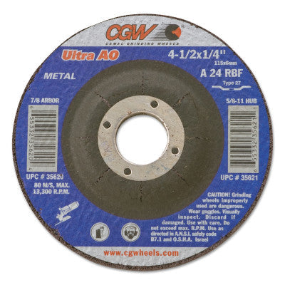 CGW Abrasives Depressed Center Wheel, 7 in Dia, 1/4 in Thick, 5/8 in Arbor, 24 grit, 35641