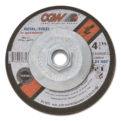 CGW Abrasives Depressed Center Wheel, 4-1/2 in Dia, 1/4 in Thick, 7/8 Arbor, 24 Grit, 35622