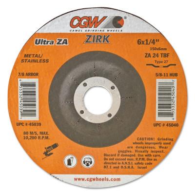 CGW Abrasives Depressed Center Wheel, Type 27, 4 1/2 in Dia, 1/4 in Thick, 7/8 Arbor, Zirconia, 35624
