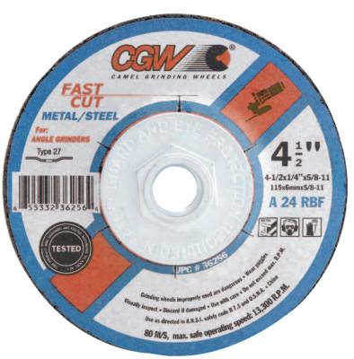 CGW Abrasives Depressed Center Wheel, 6 in Dia, 1/4 in Thick, 7/8 Arbor, 24 Grit, Alum. Oxide, 36259
