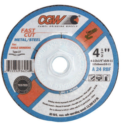CGW Abrasives Depressed Center Wheel, 6 in Dia, 1/4 in Thick, 5/8 Arbor, 24 Grit, Alum. Oxide, 36260