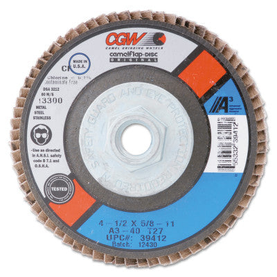 CGW Abrasives Flap Discs, A3 Aluminum Oxide, Regular, 4 1/2", 40 Grit,  Arbor, 13,300 rpm, T29, 39432