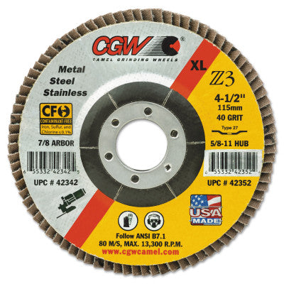 CGW Abrasives Prem Z3 Reg T29 Flap Disc, 5", 36 Grit, 7/8 Arbor, 12,200 rpm, 42521