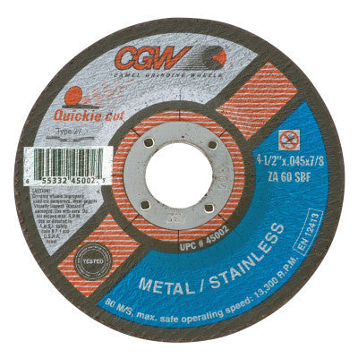 CGW Abrasives Quickie Cut™ Extra Thin Cut-Off Wheels, Type 27, 4-1/2 in Dia, 0.045 in Thick, 7/8 in Arbor, 60 Grit, 45002