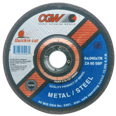 CGW Abrasives Cut-Off Wheel, Type 27, 6 in Dia, .045 in Thick, 60 Grit Zirconia/Alum., 45007