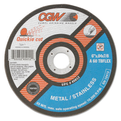 CGW Abrasives Extra Thin Cut-Off Wheel, Type 1, 5 in Dia, .04 in Thick, 60 Grit Alum. Oxide, 45011
