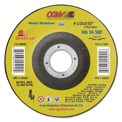 CGW Abrasives Thin Cut-Off Wheel, 4 1/2 in Dia, 3/32 in Thick, 36 Grit Aluminum Oxide, 45028
