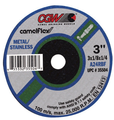 CGW Abrasives Depressed Center Wheel, 3 in Dia, 1/32 in Thick, 1/4 in Arbor, 60 Grit, 59102