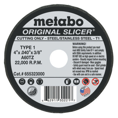 Metabo Slicer Cutting Wheel, 4 in Dia, .04 in Thick, A 60 TZ Grit, Alum. Oxide, 55323