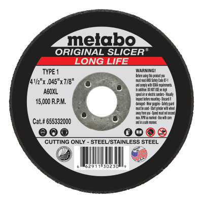 Metabo Original Slicer Cutting Wheel, Type 1, 4-1/2 in Diameter, 1/16 in Thick, 36 Grit AO, 55332