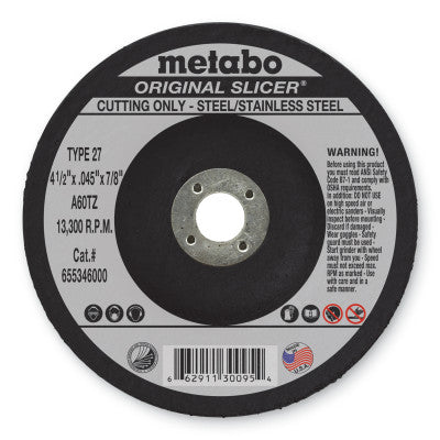 Metabo Original Slicer Cutting Wheel, 4-1/2 in Diameter, 0.045 in Thick, 60 Grit Alum. Oxide, 55346
