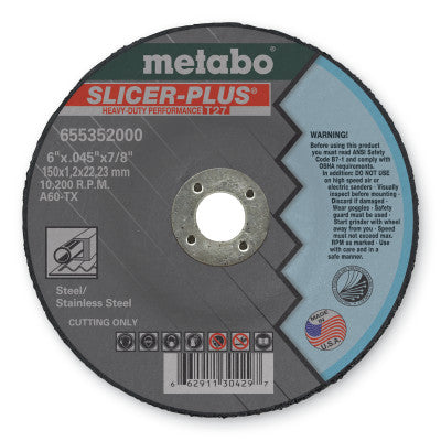 Metabo Slicer Plus Cutting Wheel, Type 27, 6 in Dia, .045 in Thick, 60 Grit Alum. Oxide, 55352