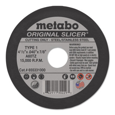 Metabo Original Slicer Cutting Wheel, Type 1, 4-1/2 in dia, 0.045 in Thick, 60 Grit, Aluminum Oxide, 655331000