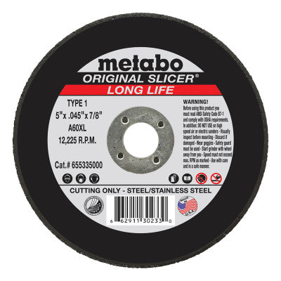 Metabo Original Slicer Cutting Wheel, Type 1, 5 in Diameter, 0.045 in Thick, 60 Grit, Alum Oxide, 655335000