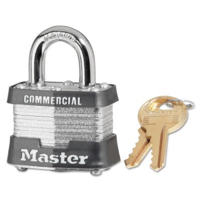 Master Lock Laminated Steel Pin Tumbler Padlocks, 9/32 in Dia., 1 in L x 5/8 in W, Silver, 3KA-3303