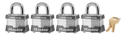 Master Lock® No. 3 Laminated Steel Pin Tumbler Padlocks, 9/32" Dia., 3/4" L X 5/8" W, 4/PK, 3QCOM
