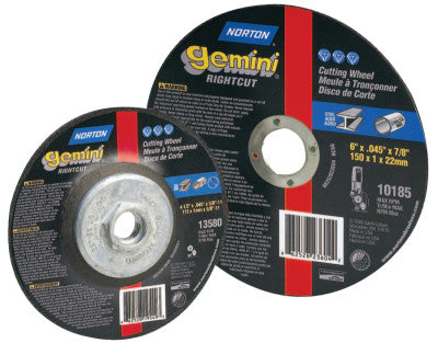 Saint-Gobain Gemini® RightCut Cut-Off Wheel, Type 1, 4 in dia, 0.0937 in Thick, 5/8 in Arbor, 36 Grit, Aluminum Oxide, 66243527955