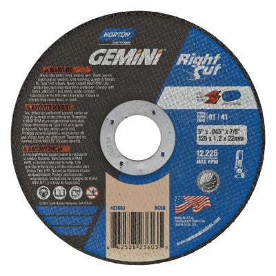Saint-Gobain Gemini® RightCut Cut-Off Wheel, Type 1, 5 in dia, 0.045 in Thick, 7/8 in Arbor, 36 Grit, Aluminum Oxide, 66252823603