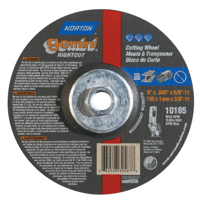 Saint-Gobain Gemini Type 27/42 RightCut Cut-Off Wheel, 6 in dia, 0.045 in Thick, 5/8 in Arbor, 24 Grit, Aluminum Oxide, 66252830587