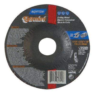 Saint-Gobain Gemini RightCut Depressed Center Cut-Off Wheel, 4 1/2" Dia, 3/32" Thick, 7/8 in, 66252841940