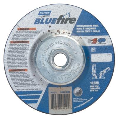 Saint-Gobain Bluefire Type 27 Depressed Center Wheel, 4-1/2 in dia, 1/8 in Thick, 5/8 in Arbor, 24 Grit, Zirconia Blend, 66252843211