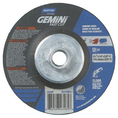 Saint-Gobain Gemini FastCut Depressed Center Wheel, 4 1/2 in Thick, Aluminum Oxide, 66252843585