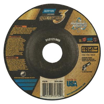 Saint-Gobain Quantum3 SG CA Type 27 Grinding Wheel, 4-1/2 in dia, 1/4 in Thick, 7/8 in Arbor, 20 Grit, Ceramic Alumina, 66253370794