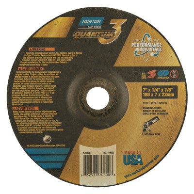 Saint-Gobain Quantum3 SG CA Type 27 Grinding Wheel, 7 in dia, 1/4 in Thick, 7/8 in Arbor, 20 Grit, Ceramic Alumina, 66253370800