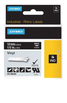 Newell Brands Industrial Rhino™ Vinyl Label Cartridge, 3/4 in W x 18 ft L, White Print on Black Background, 1805436