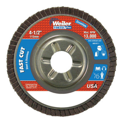 Weiler® Vortec Pro Abrasive Flap Discs,4.5", 80 Grit, 7/8 Arbor, 13,000 rpm, Alum Back, 31310