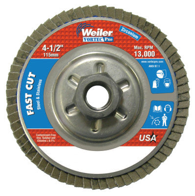 Weiler® Vortec Pro Abrasive Flap Discs,4.5", 120 Grit, 5/8 Arbor, 13,000 rpm, Alum Back, 31317