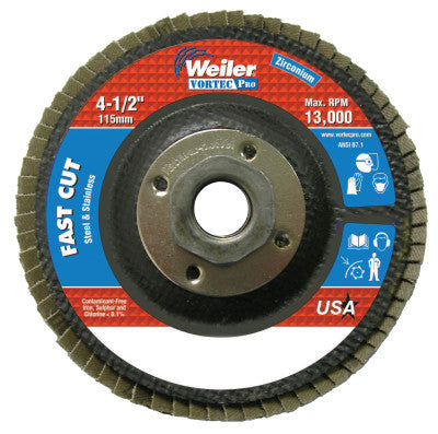 Weiler® Vortec Pro Abrasive Flap Discs,4.5", 36 Grit, 5/8 Arbor, 13,000 rpm, Phenolic, 31349