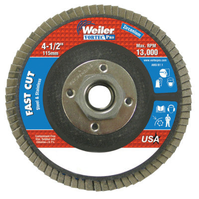 Weiler® Vortec Pro® Abrasive Flap Discs, 4-1/2 in x 5/5-11 in A, Flat, Phenolic Backing, 8 oz, 31410