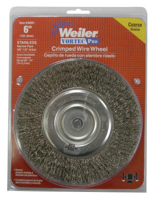 Weiler® Crimped Wire Wheel, 6" D, .014 Stainless Steel, 6,000 RPM, Retail Pk, 36001