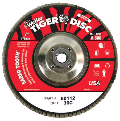 Weiler® Saber Tooth™ Ceramic Flap Discs, 7 in, 36 Grit, 5/8 Arbor, 12,000 rpm, 50112