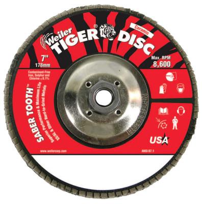 Weiler® Saber Tooth Ceramic Flap Discs, 7 in Dia, 60 Grit, 5/8-11 in Arbor, 12000 rpm, 50114